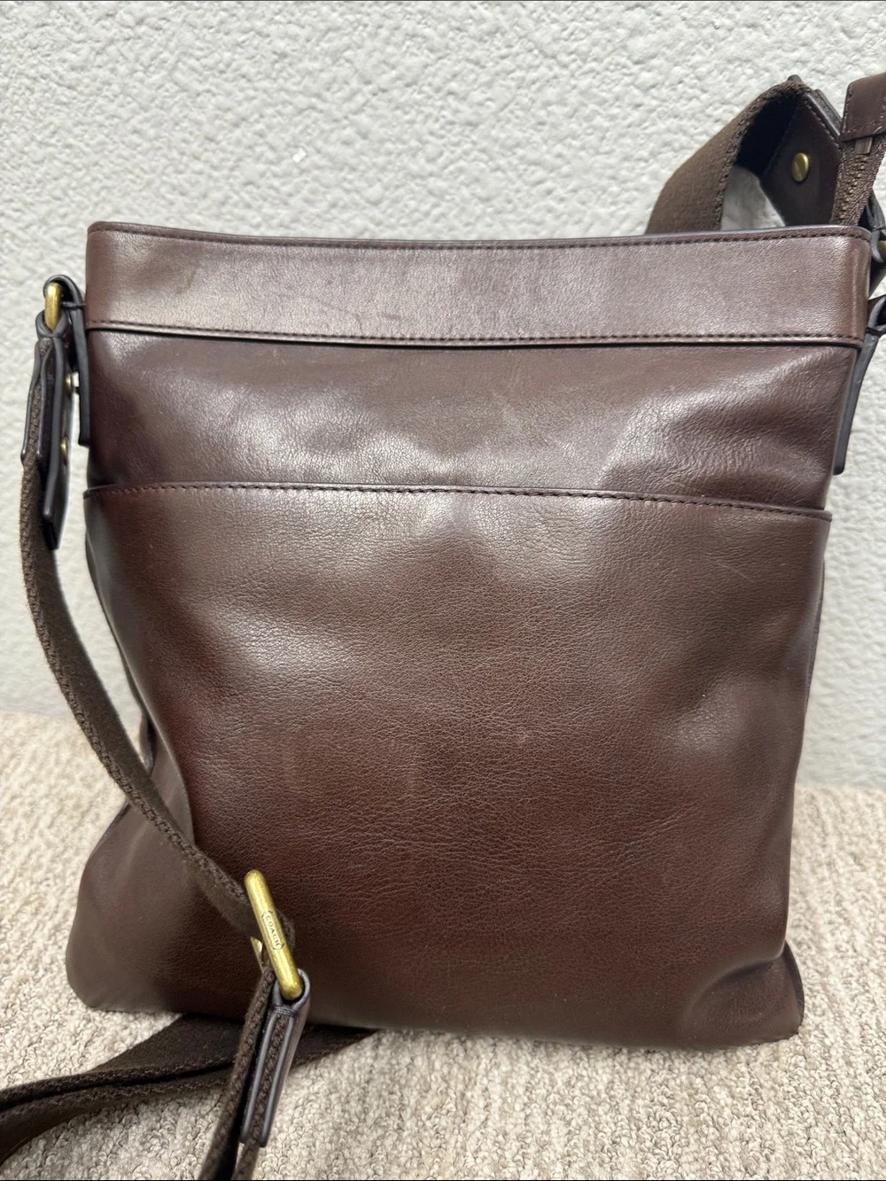 Coach Dark Brown Leather Messenger Bag with Brass Tags